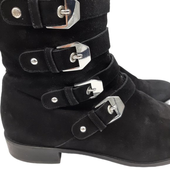 Stuart Weitzman Jitterbug Moto Black Suede Buckle Boots - Picture 4 of 16